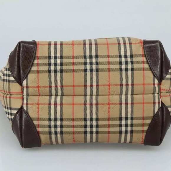 Burberrys Nova Check Hand Bag Canvas Leather Beige Brown Silver Auth - Picture 8 of 15